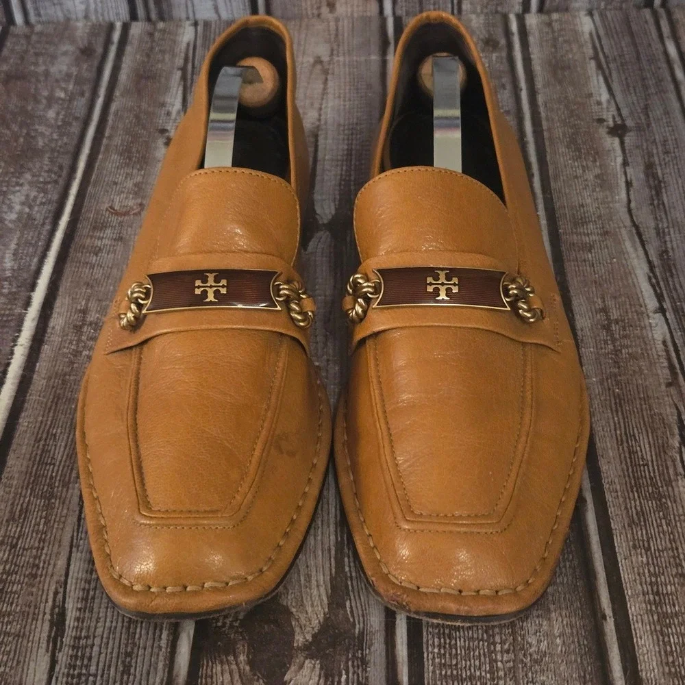 Sz 8 M Womens Tory Burch Perrine Tan Leather Square Toe Chain Loafers Flats